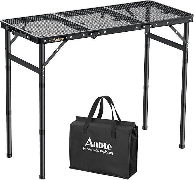 Folding Grill Table, Aluminum Camping Table Adjustable Height Max 27.5" Picnic Table Outdoor Table, Lightweight, Portable Handle for Travel Cooking BBQ Picnic, 35" x 16", Black