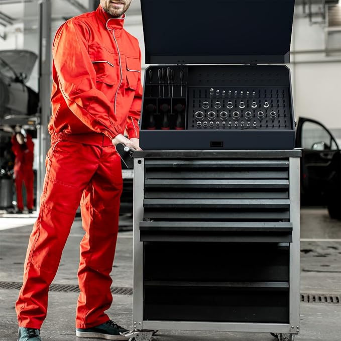 Portable Weather-Resistant Triangle Steel Toolbox with Lock, 16-Gauge Multi-Tier SAE & Metric Chest, Pull-Out Drawer for Truck, 36.8"W x 17.5"D x 21.6"H