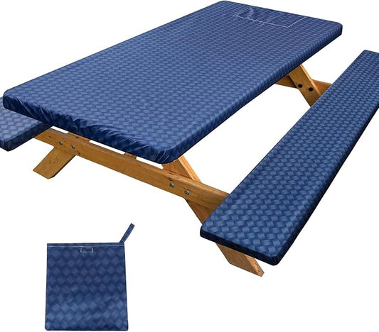 Picnic Table Cover with Bench Covers Portable Table Cloth Built-in Storage Pocket Picnic Table Covers with Elastic Waterproof Camping Essentials for RV Camping