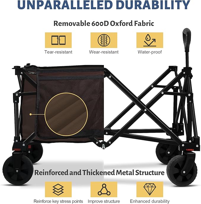 Collapsible Folding Wagon Cart, 220LBS Heavy Duty Foldable Utility Garden Cart with All Terrain Wheels & Side Storage Bag, Portable Sports Wagon for Camping, Shopping, Garden