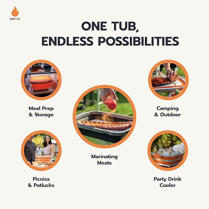 Drip EZ Collapsible BBQ Prep Tubs 3-Piece Set- For Meal Prep Marinating Food Storage - Includes Cutting Board & Lid - (1) JR + (1) OG + (1) XL - Orange