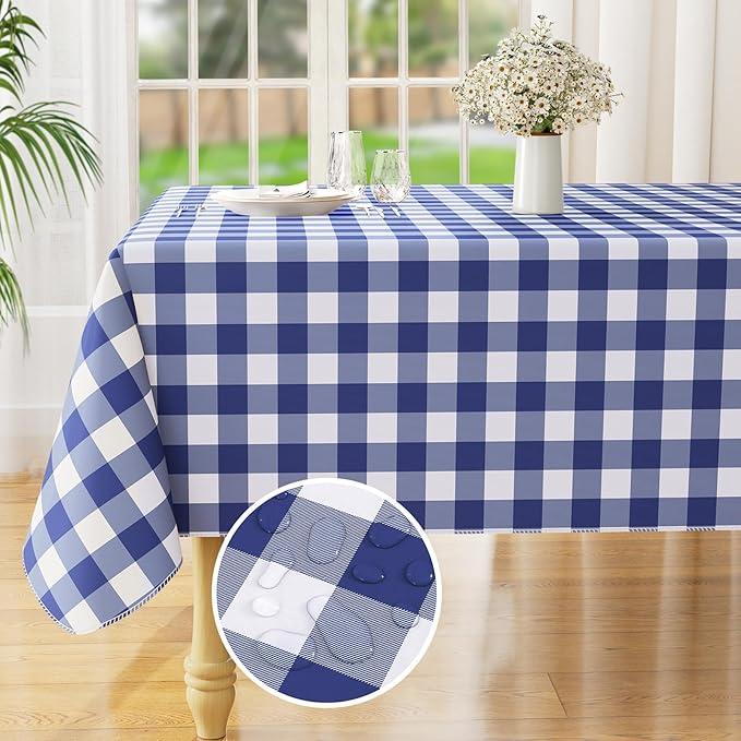 misaya Rectangle Waterproof Vinyl Table Cloth, Buffalo Flannel Backed Tablecloth, Wipeable Plastic Table Cover for Dinner, Kitchen, Outdoor (52" x 70", White and Navy)