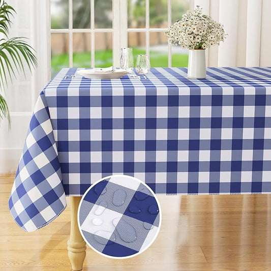 misaya Rectangle Waterproof Vinyl Table Cloth, Buffalo Flannel Backed Tablecloth, Wipeable Plastic Table Cover for Dinner, Kitchen, Outdoor (60" x 144", White and Navy)