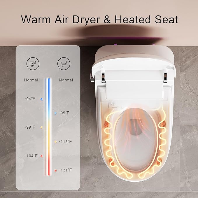 Smart Toilet, One Piece Bidet Toilet for Bathrooms, Toilets with Warm Water Sprayer & Dryer, Foot Sensor Operation, Heated Bidet Seat, Tankless Toilets with Fahrenheit LED Display