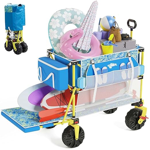 400L Collapsible Double Decker Beach Wagon with Cooler Bag, 450LBS Heavy Duty Folding Beach Cart with 54" Extra-Long Tailgate, All-Terrain Big Wheels with Brakes for Outdoor, Camping, Sports, Shopping