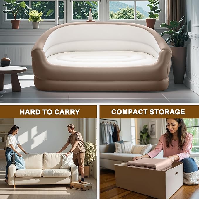 Twin Size Air Mattress Inflatable Sofa，Double Inflatable Chair for Adults-Flodable Blow Up Couch Lounger-Portable Air Sofa for Indoor Living/Tent Camping/Outdoor Activitie（Cream）