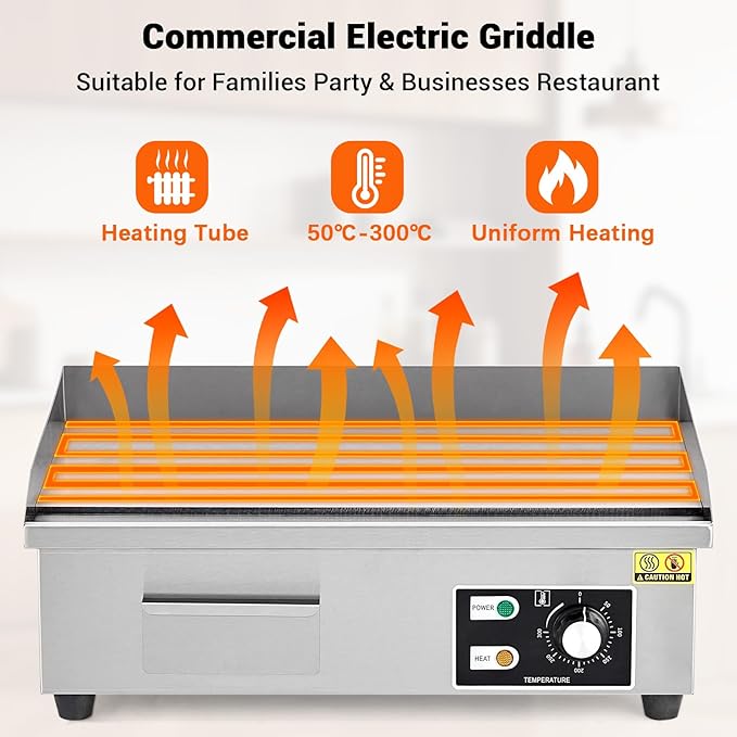 GarveeHome 21 In Commercial Electric Griddle,110V 1600W Electric Restaurant Teppanyaki Flat Top Grill With Shovels & Brushes, Non-Stick Countertop Griddle, Adjustable Temperature Control 122°F-572°F
