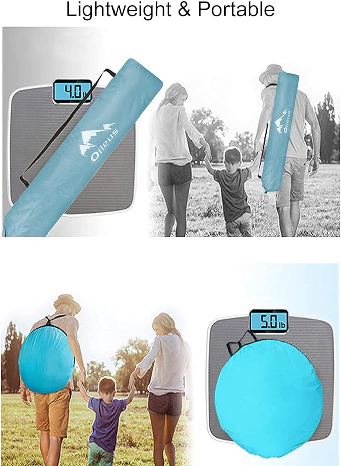 Oileus X-Large 4 Person Beach Tent Sun Shelter - Portable Sun Shade Instant Tent for Beach with Carrying Bag, Stakes, 6 Sand Pockets, Anti UV for Fishing Hiking Camping, Waterproof Windproof, Sky Blue