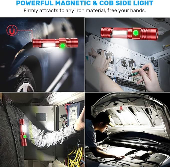 Rechargeable LED Flashlights, Magnetic Flashlight Tactical Super Bright with SideLight,USB Rechargeable,Zoomable,Waterproof Best Small Flash Light for Camping, Emergency Red