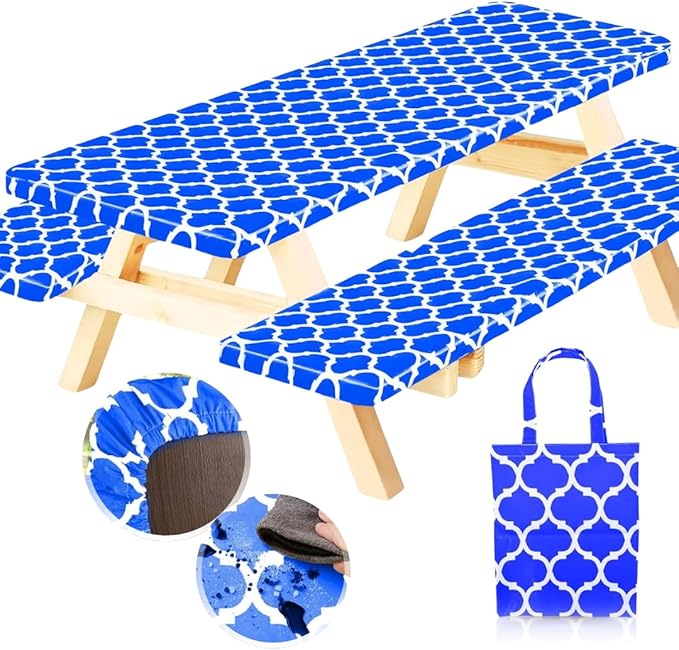 RNOONY 6ft Vinyl Picnic Table Cover with Bench Covers with Carrying Bag, Camping Essentials Tablecloth Waterproof and Windproof with Elastic Edge. Perfect for Indoors and Outdoors Blue 72x30 inches