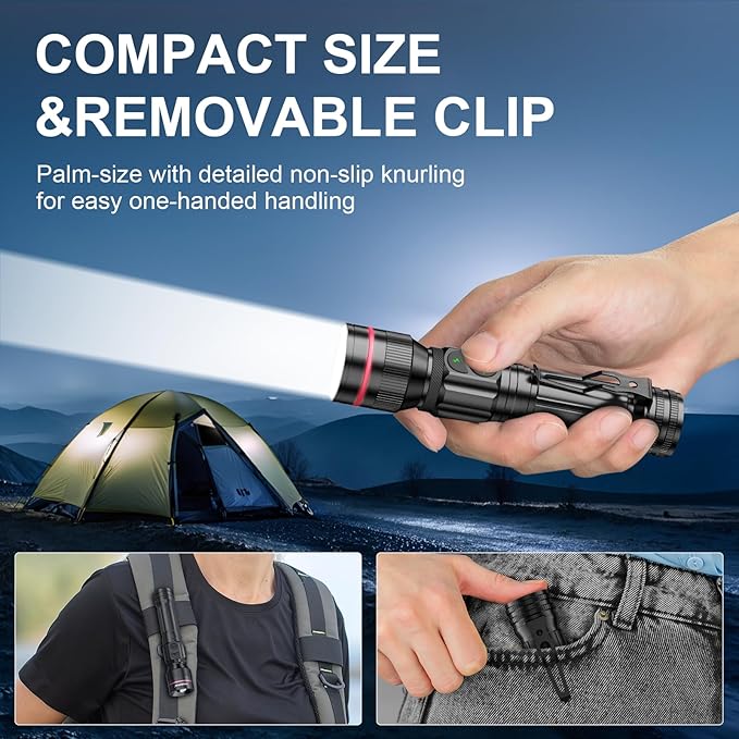 WdtPro Rechargeable Flashlight, Bright LED Flash Light, 5 Modes, Zoomable Small Torch with Clip, Waterproof, Flash Lights for Camping Essential Outdoor Home Emergency