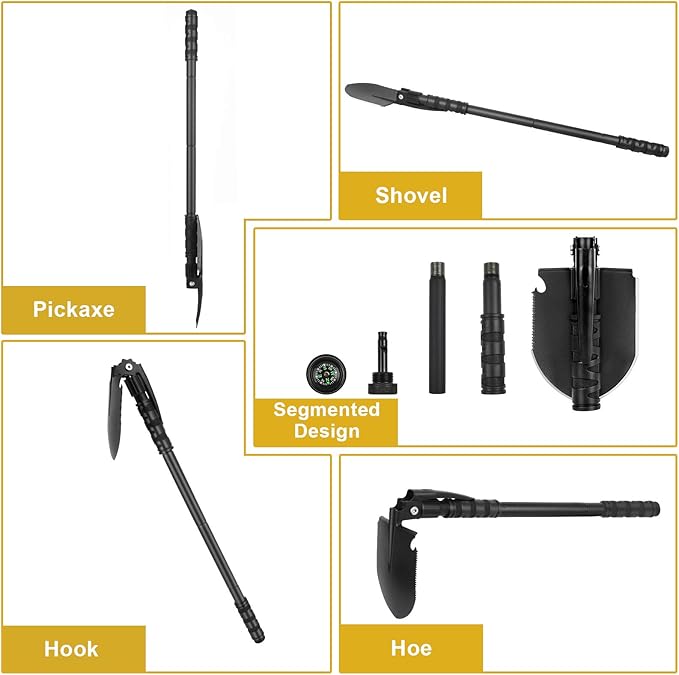 Camping Shovel, (24.21'') Survival Off Road E Tool Folding Shovel with Pickaxe, Portable Bag, High Carbon Steel, for Digging, Backpacking, Hiking, Gardening, Emergency, Outdoor