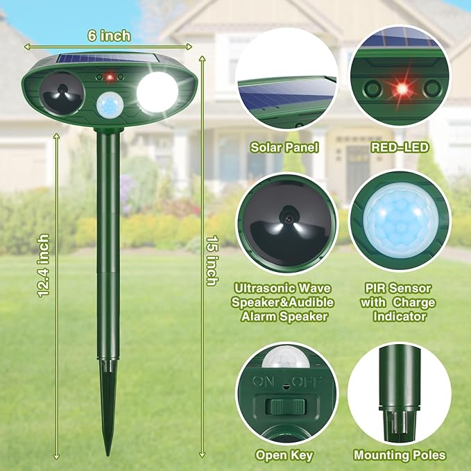 2Pack Solar Ultrasonic Animal Repellent Outdoor Deer Repellent Devices with Motion Detection&Flash Light Squirrel Rabbit Dog Cat Deterrent,Keep Rodent Chipmunk Raccoon Away for Yard Garden Lawn