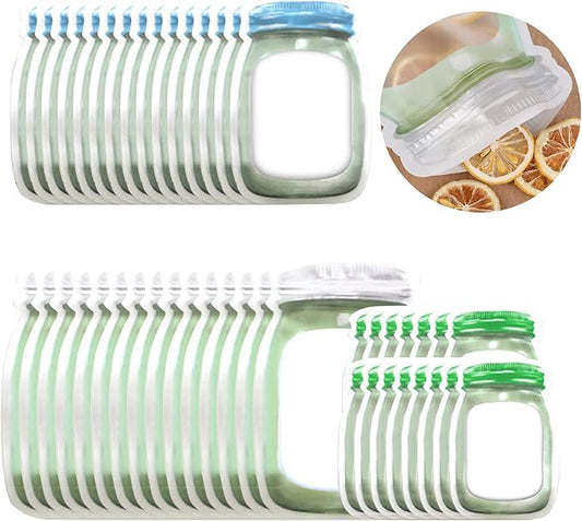Enkrio 45 Pack Mason Bottle Shape Reusable Storage Bags Airtight Freezer Bags Seal Snack Bag for Food Travel Home Organization (15S 15M 15L)