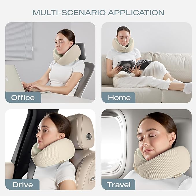 Skechers Memory Foam Neck Pillow, Comfortable & Breathable Travel Pillow, Neck Pillow Airplane for Travel, Car Rides, Home, and Office Use, Ergonomic Design for Men and Women,Beige