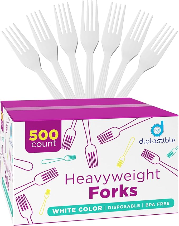 500 Count – Heavyweight Disposable White Plastic Forks | Big Party Pack Forks | Plastic Salad Forks |Great for Celebrations, Parties, Travels, Events, and Everyday Use