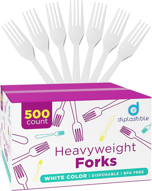 500 Count – Heavyweight Disposable White Plastic Forks | Big Party Pack Forks | Plastic Salad Forks |Great for Celebrations, Parties, Travels, Events, and Everyday Use