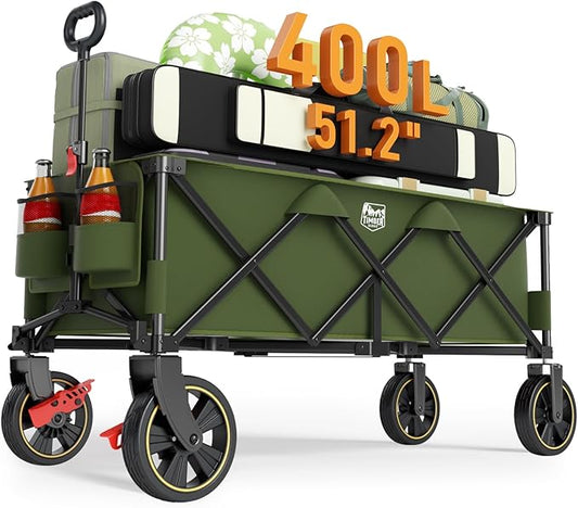 Timber Ridge 51.2'' Extended Collapsible Wagon Cart with Brakes and Cargo Net, 350LBS Heavy Duty Foldable Utility Wagon with Adjustable Handle, 400L Capacity Portable Cart for Camping Sports Shopping