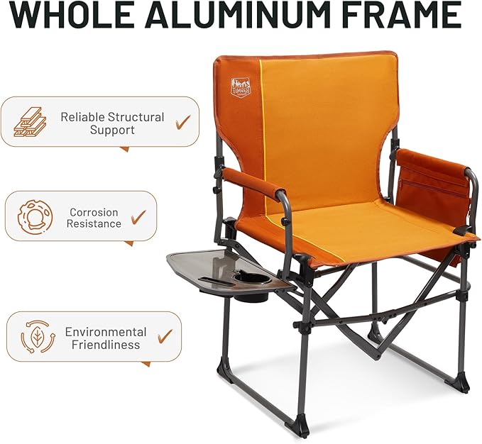 TIMBER RIDGE Aluminum Camping Directors Chair with Side Table Pocket, Portable Folding Chair, Heavy Duty Lawn Chair for Fishing Trip Picnic Concert Outdoor 400lbs, Orange 2 Pack