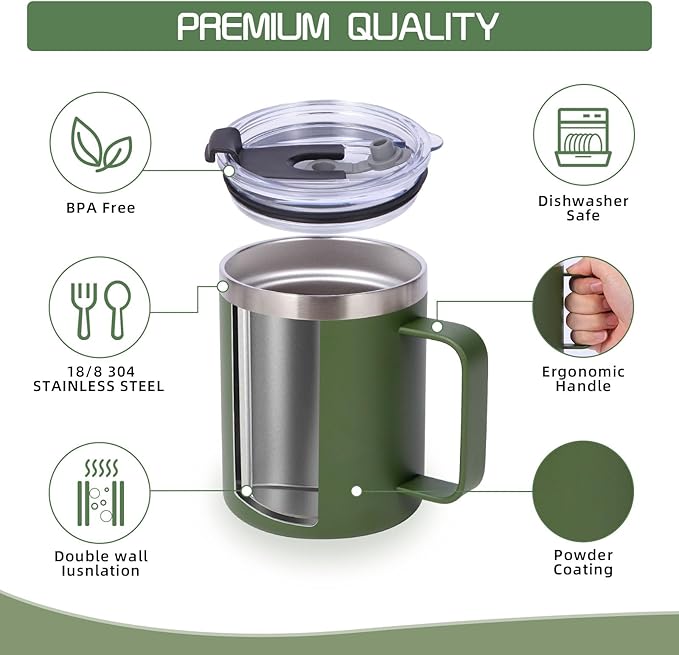Volhoply 12oz Insulated Leakproof Coffee Mug with Flip & Straw Lid,Double Wall Vacuum Stainless Steel Travel Tumbler Cup with Handle,Reusable Camping Mugs Keep Cold/Hot(Army Green,1 Set)