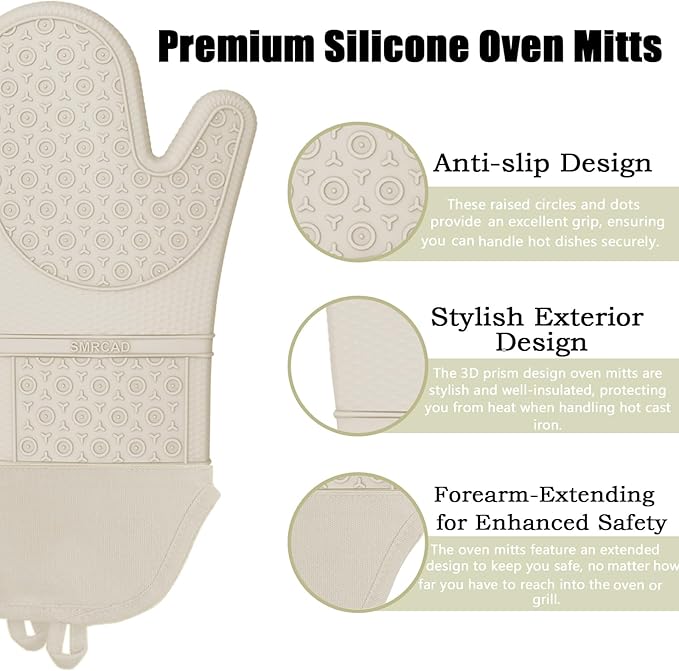 Oven Mitts with Heat-Resistant Hot Pads and Five Silicone Spatulas Designed for Kitchen Baking Cooking, Oven Glove Soft Cotton Lining, Waterproof, BPA-Free (Beige, 15.7)
