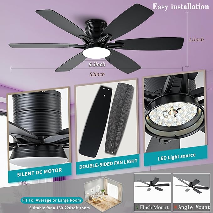 52inch Black Ceiling Fans with Lights and Remote/App Control, Low Profile Ceiling Fan with Light and 6 Double-Side blades, Flush Mount, LED/RGB Dimmable DC Reversible Modern Ceiling Fan for Bedroom