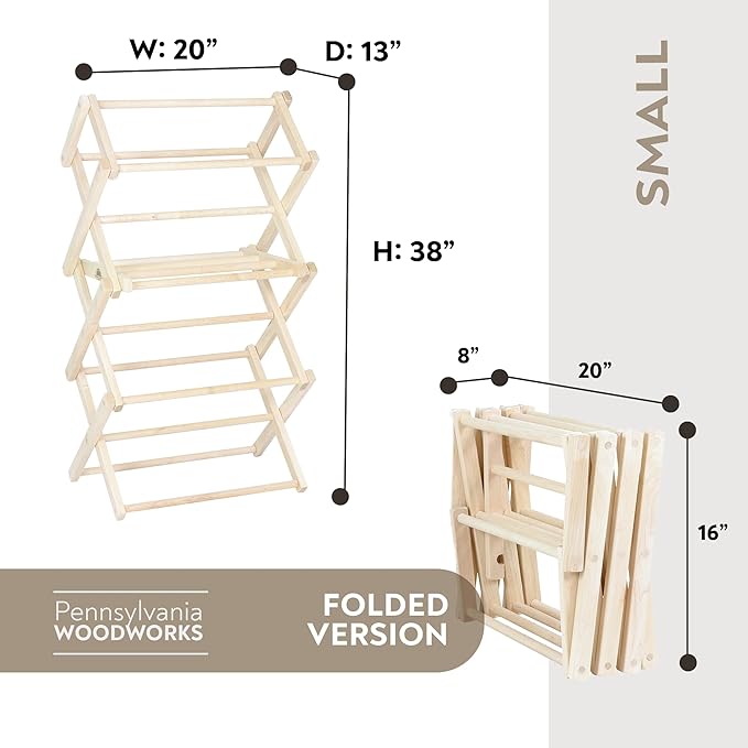 Pennsylvania Woodworks Clothes Drying Rack: Solid Maple Hard Wood Laundry Rack for Baby Clothes, Hand Towels, Delicates & More, Durable Small Folding Drying Rack, Made in USA, No Assembly Needed
