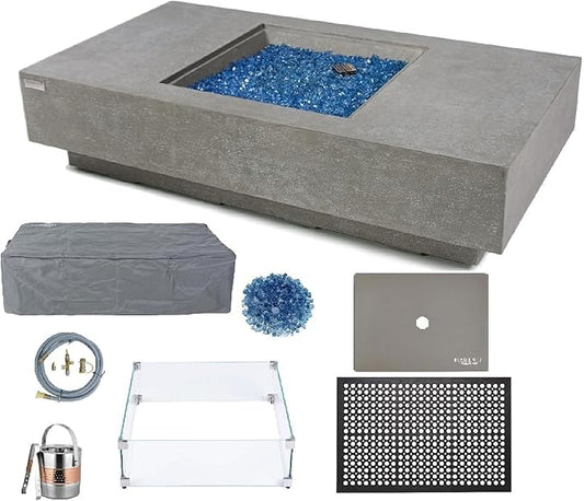 Elementi+ | Bundle Monte Carlo Gas Fire Pit Cast Concrete 60" Rectangular Fire Table | Electronic Ignition | Canvas Cover, Fire Glass and Burner Lid Included | Light Gray | Natural Gas