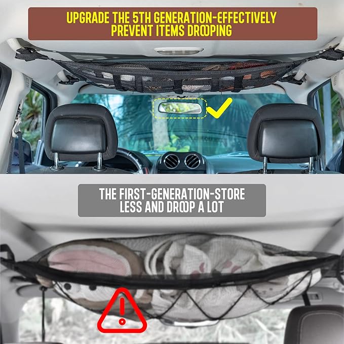 Car Ceiling Cargo Net Pocket Storage Net,29.5"x19.7" Adjustable D-Buckle to Reduce Sagging Roof Storage Organizer,Double-Layer Mesh SUV for SUVs,Road Trips,Car Camping Essentials