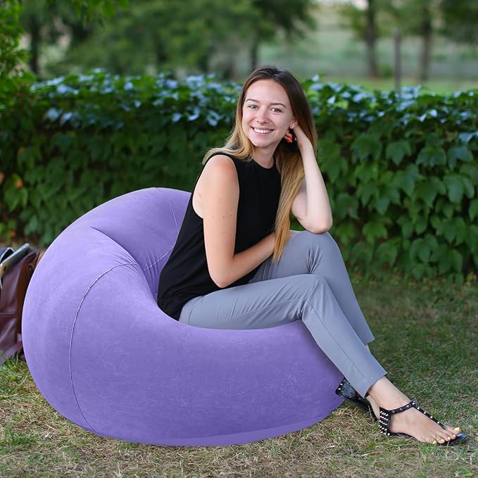 Realspring Inflatable Bean Bag Chairs Outdoor Blow up Camping Chairs Inflatable Lazy Sofa Folding Portable Bean Bag Loungers Couch for Movie Night(Light Purple,2 Pcs)