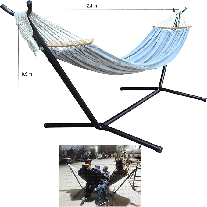 Double Hammock 2 Person Large 220x150cm with Steel Stand and Removable Spreader bar Load 500lb, Canvas Cotton Hammocks for Patio Porch Garden Backyard Outdoor and Indoor