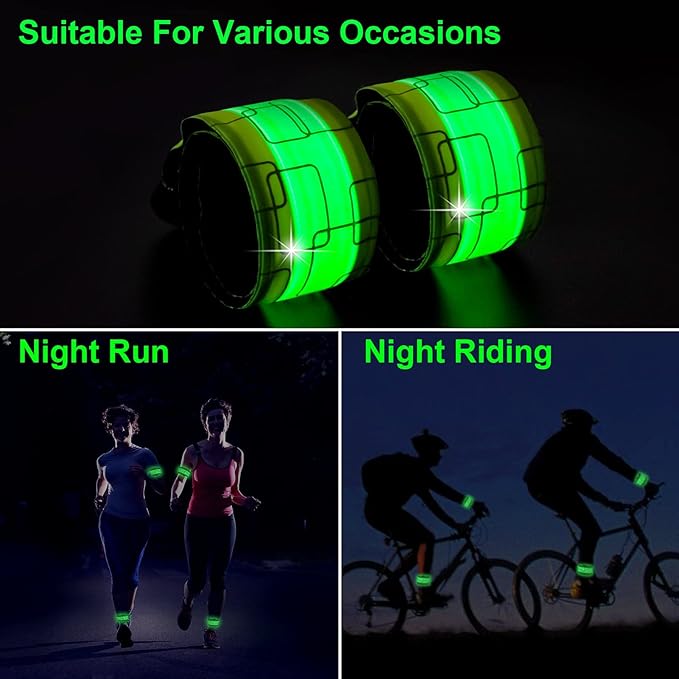 LED Safety Wristband Lights - Rechargeable Light Up Arm Ankle Band Kids Magic Slap Glow Bracelets Reflective Belt High Visibility for Night Cycling Walking Joggers Running Gear