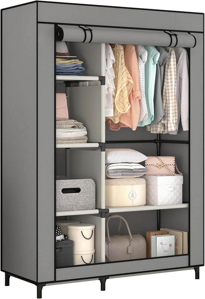 Calmootey Portable Closet Organizers, Clothing Storage, Wardrobe with 6 Shelves and Hanging Rod, Non-Woven Fabric Cover with 4 Side Pockets, Grey