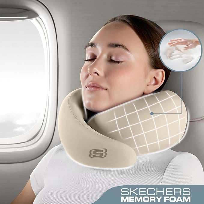 Skechers Memory Foam Travel Pillow,Comfortable & Breathable Airplane Travel Essential, Neck Pillow for Travel, Car Rides, Home, and Office Use, Ergonomic Design for Men and Women,Beige
