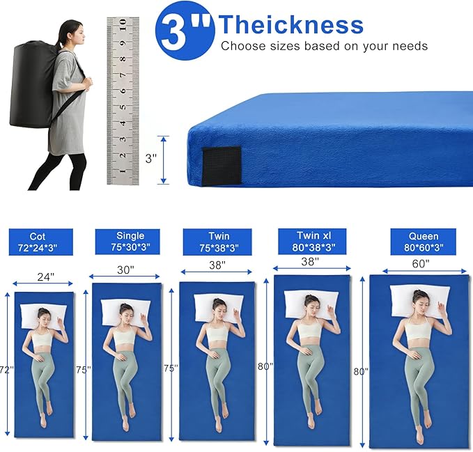 Memory Foam Camping Mattress pad, Comfortable Thick Floor Sleeping Mat for Adults with Waterproof and Non-Slip Bottom, Portable Roll Up Mattress for Sleepover Guest,Cot Mad for Car Camping