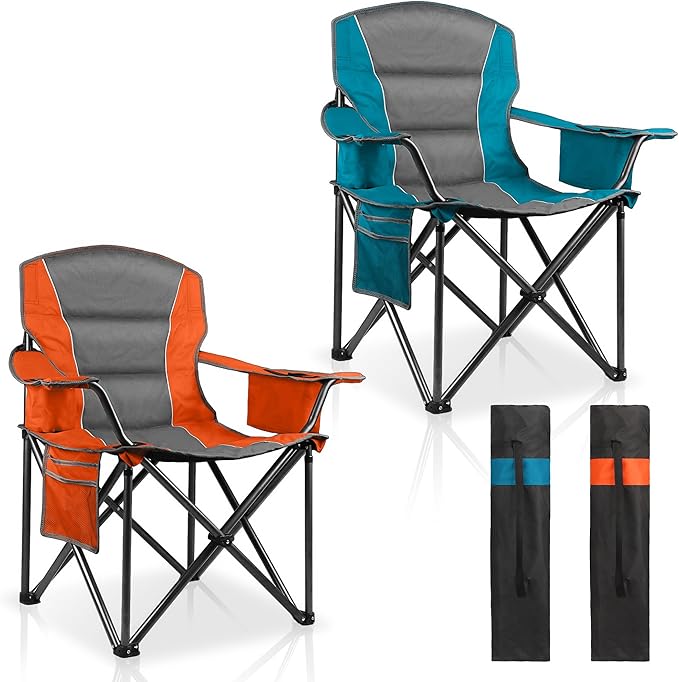2 Pack Padded Oversized Camping Chairs for Adults,Heavy Duty Support 400 Lbs,Folding Portable Lawn Chair w/Cup Holder,Cooler Bag,Side Pocket,Perfect for Outdoor Picnic,Hiking(Orange&Blue)