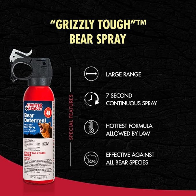 Counter Assault Bear Spray - Bears, Mountain Lions, Coyotes - Long-Range 40ft Distance - Pepper Spray Safety Gear for Hiking & Camping Protection - 2% Capsaicin - 10.2 oz