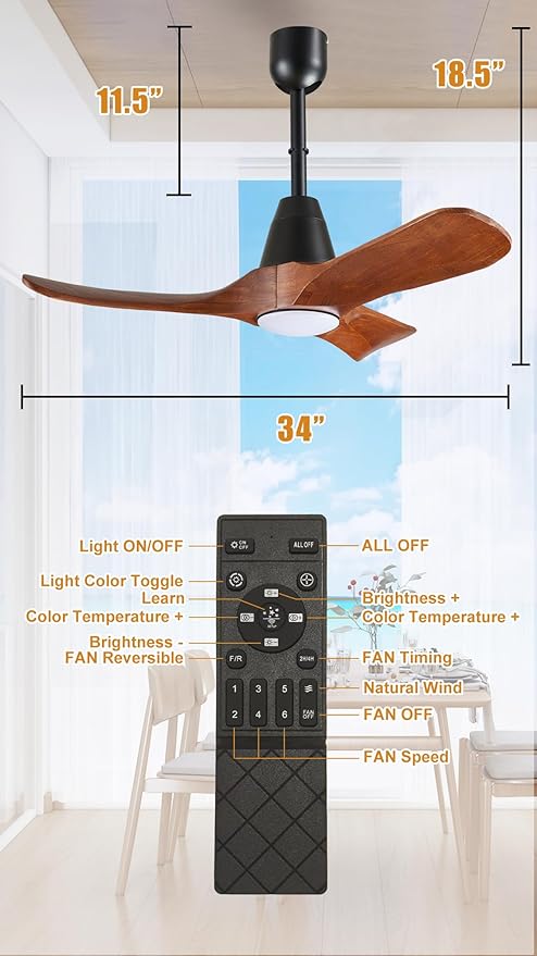 3 Blades Wood Outdoor Ceiling Fan with Light for Patios, Farmhouse Rustic Ceiling Fans with Lights, 34" Plug-in Wet Rated Outdoor Gazebo Fan for Exterior House Porch Patio, Waterproof,F246