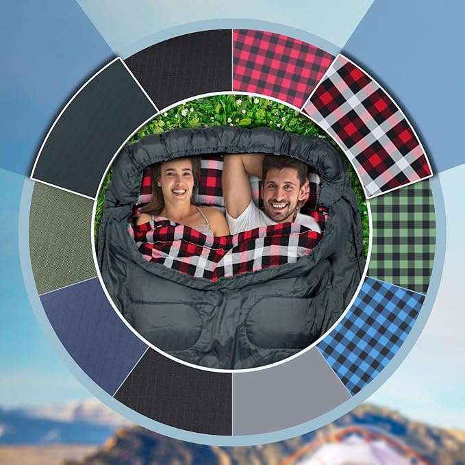 Double Sleeping Bag Flannel for Adults with 2 Pillows 2 Person Sleeping Bags Camping XXL Queen Size Two Person Sleeping Bag for Cold Weather