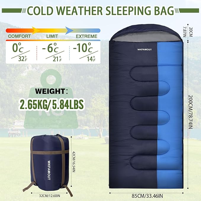 XL 10 Degree Sleeping Bags Waterproof for Adults 350GSM Machine Washable with Compression Sack for 3-4 Season Camping Outdoor