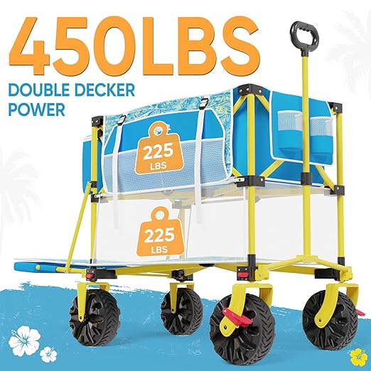400L Collapsible Double Decker Beach Wagon with Cooler Bag, 450LBS Heavy Duty Folding Beach Cart with 54" Extra-Long Tailgate, All-Terrain Big Wheels with Brakes for Outdoor, Camping, Sports, Shopping