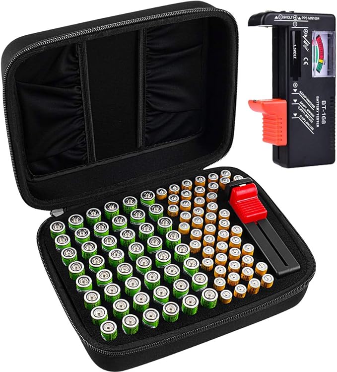 Battery Organizer Storage Box Case Holder for 48 x AA, 48 x AAA Total 96 Batteries with Battery Tester, Extra 2 Pockets for Other Accessories