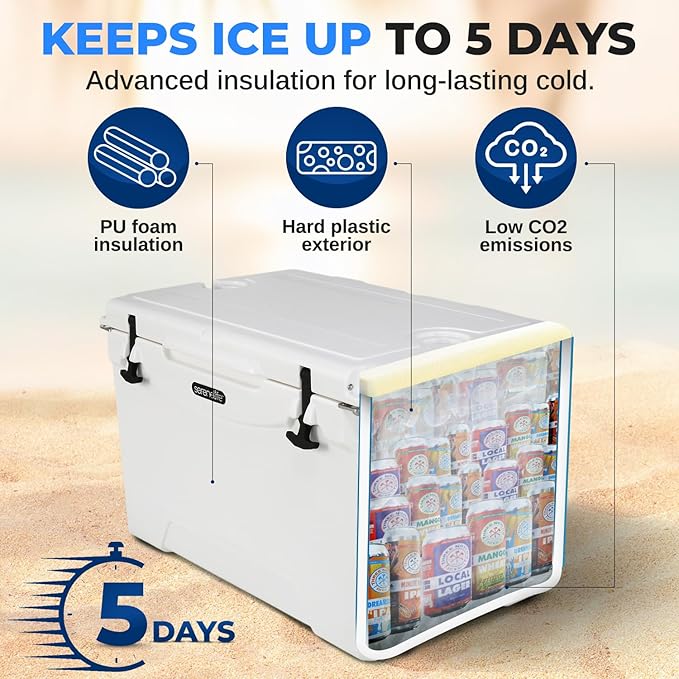 SereneLife Ultra-Tough 25-75 Quart Rotomolded Cooler Box, Holds Upto 64 Cans, Keeps Ice Up to 5 Days, Heavy-Duty Insulated Portable Ice Chest Box, Ideal for Camping, Beach, Picnics, Tailgating, etc