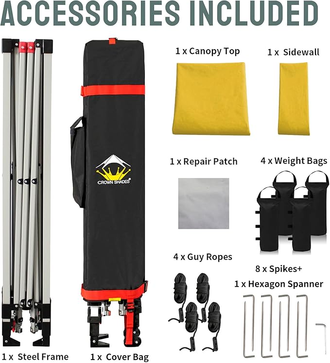 CROWN SHADES 10x10 Pop Up Canopy with 1 Side Wall - Beach Tent with One Push Setup - Outdoor Sun Shade for Events, Parties, Camping - Gazebo with STO-N-Go Cover Bag (Yellow)