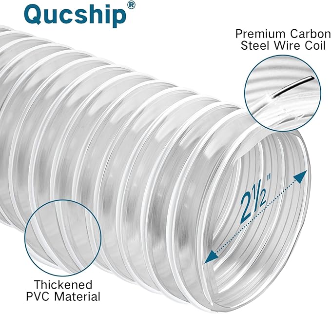Heavy PVC Dust Collection Hose 2.5" x 5', Flexible Clear PVC Fume Collection Hose, Puncture-Resistant, Reinforced With Coated Wire Helix