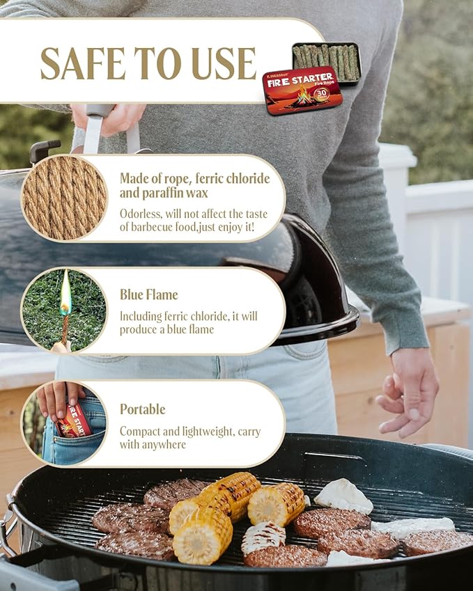 Fire Rope Blue Flame(30-Pack) Windproof Fire Starter, Long-Lasting, Bright Blue Flame Survival Fire Starters - Fast Igniting Fire Rope for Camping