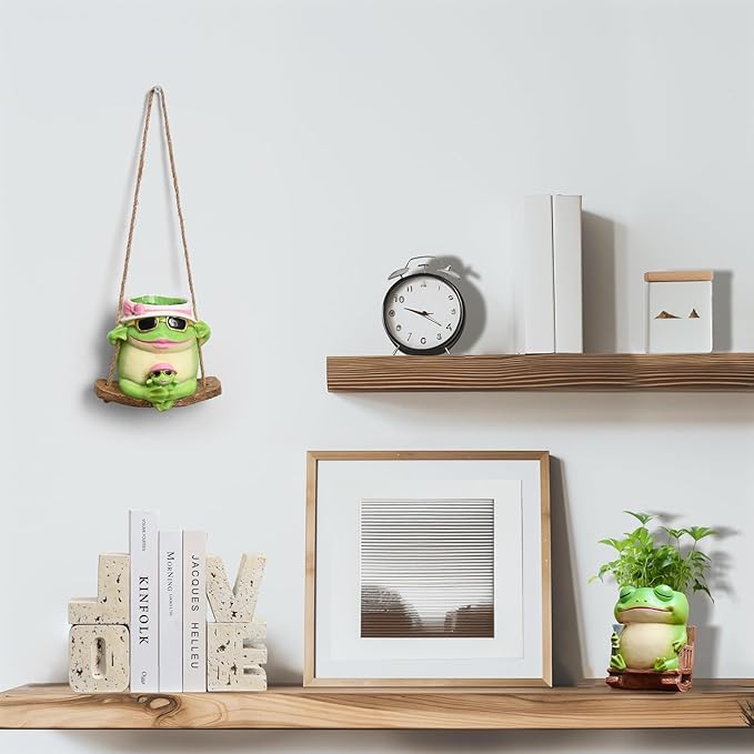 Unique Frog Plant Pots Indoor, Cute Small Succulent Pots with Drainage Hole, Rocking Chair Planters for Outdoor Indoor Plants, Resin Flower Pot for String of Pearls, Gift Ideas for Mother