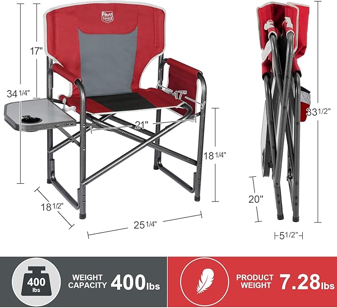 TIMBER RIDGE Aluminum Oversized Camping Chair, Lightweight Portable Directors Chair with Side Table Detachable Side Pocket for Outdoor Camping, Lawn, Picnic, Support 400lbs Red 2 Pack