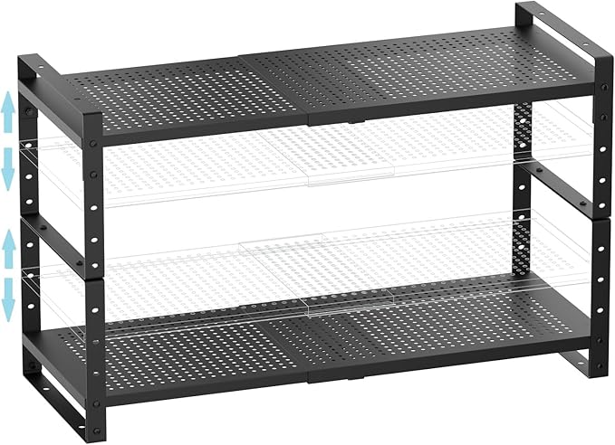 Expandable Spice Rack, Stackable Metal Pantry Storage Shelves Stand, Adjustable Height Cabinet Shelf Organizer Racks(2PACKS/Black,Large)