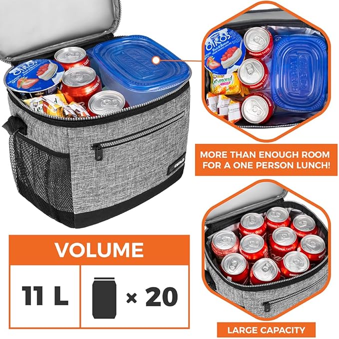 opux Extra Large Insulated Lunch Box Men Women, Lunch Bag for Work, Leakproof Soft Cooler Tote Adult, Lunch Pail, Picnic Beach Collapsible Food Bag with Shoulder Strap, Heather Grey